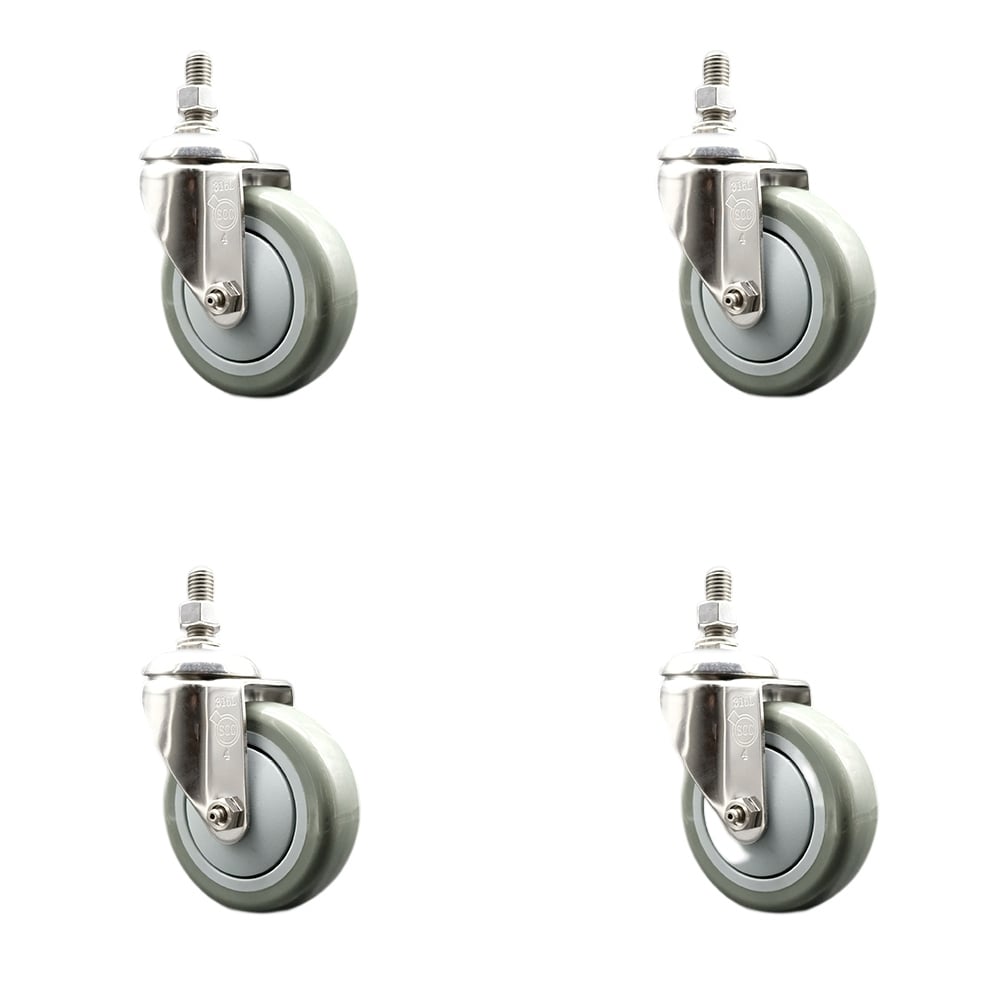 Polyurethane Swivel Stem Caster with 4 in. Gray Caster Wheels, 0.5 in. Threaded Stems - 316 Stainless Steel Casters - Set of 4