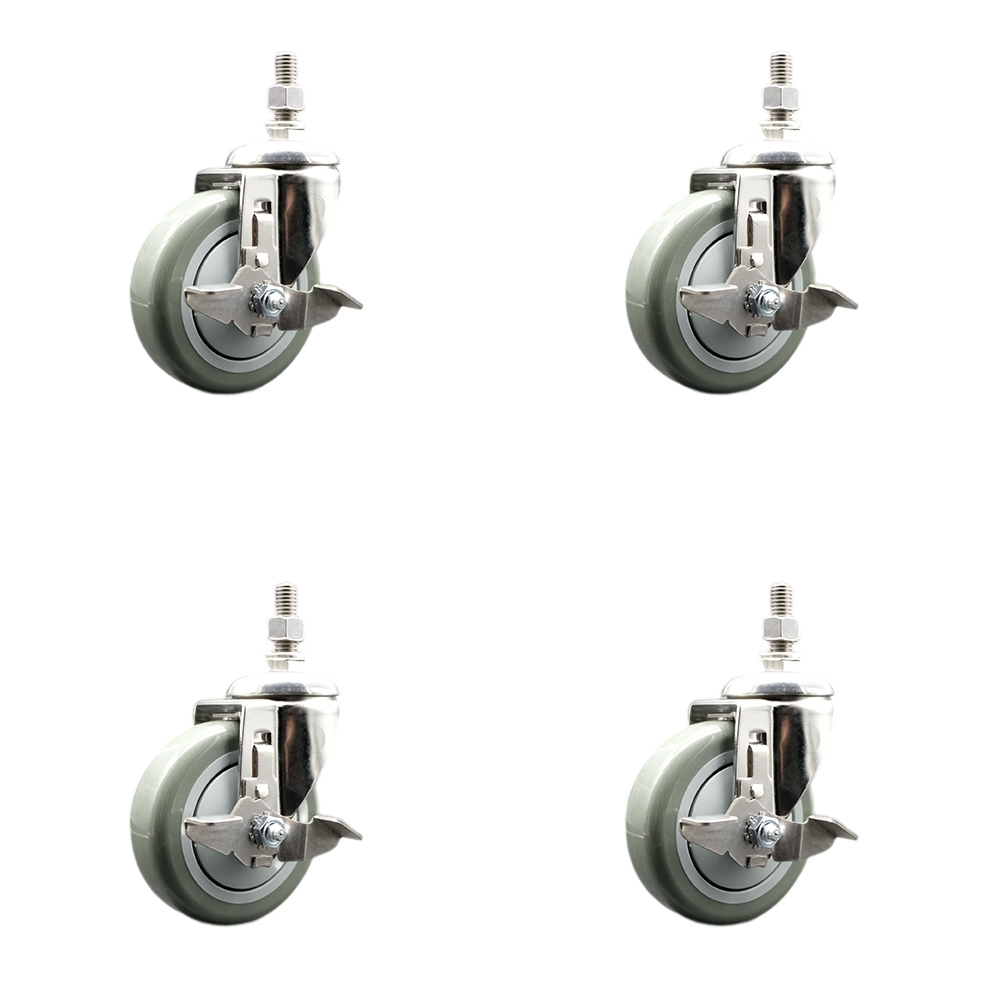 Polyurethane Swivel Stem Caster with 4 in. Gray Caster Wheels, 0.5 in. Threaded Stems - 316 Stainless Steel Casters - Set of 4
