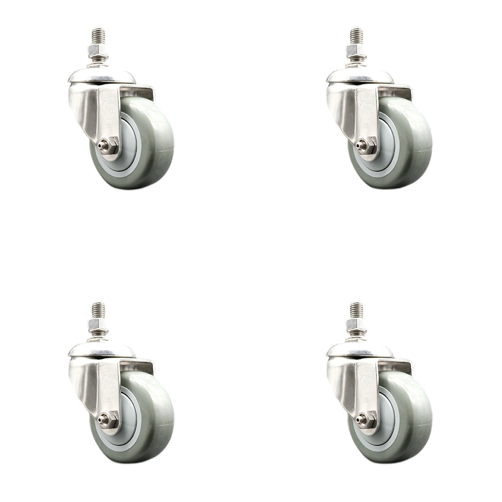 Polyurethane Swivel Stem Caster with 3 in. Gray Caster Wheels, 0.38 in. Threaded Stems - 316 Stainless Steel Casters - Set of 4