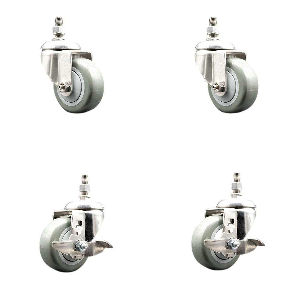 Poly Swivel Stem Caster with 3 in. Gray Caster Wheels, 0.38 in. Threaded Stems - 316 Stainless Steel Casters - Set of 4
