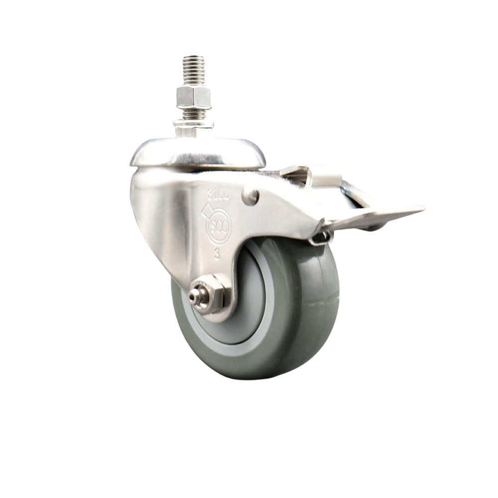 Polyurethane Swivel Stem Caster with 3 in. Gray Caster Wheels & Total Lock Brake, 10 mm Threaded Stem - 316 Stainless Steel Caster
