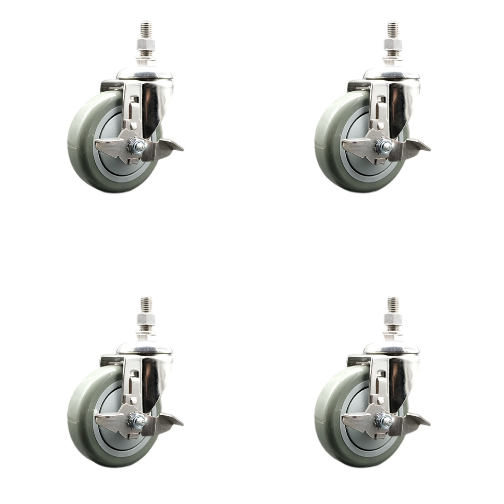 Polyurethane Swivel Stem Caster with 4 in. Gray Caster Wheels, 10 mm Threaded Stems - 316 Stainless Steel Casters - Set of 4