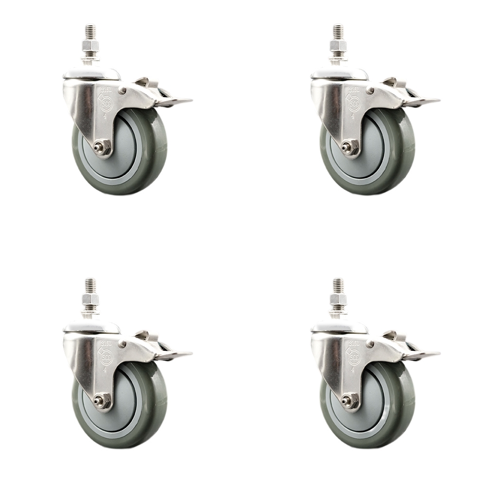 Polyurethane Swivel Stem Caster with 4 in. Gray Caster Wheels, 10 mm Threaded Stems - 316 Stainless Steel Casters - Set of 4