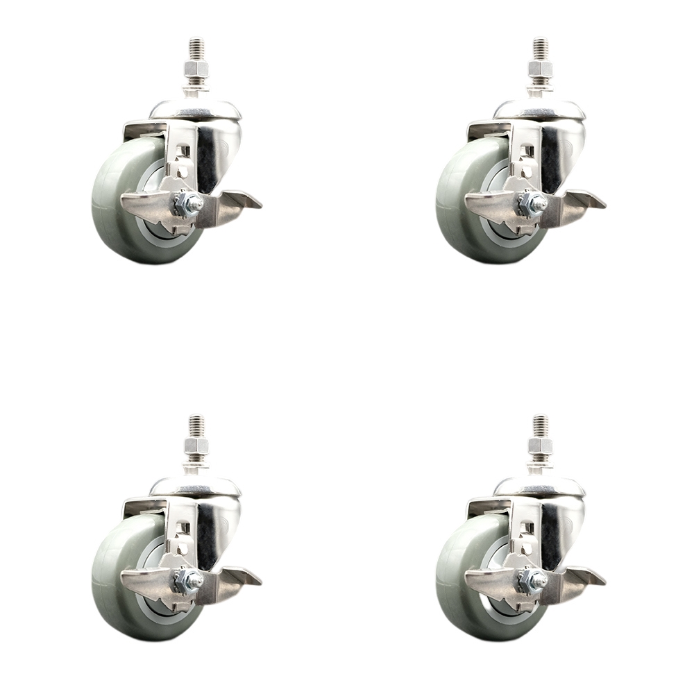 Polyurethane Swivel Stem Caster with 3.5 in. Gray Caster Wheels, 12 mm Threaded Stems - 316 Stainless Steel Casters - Set of 4