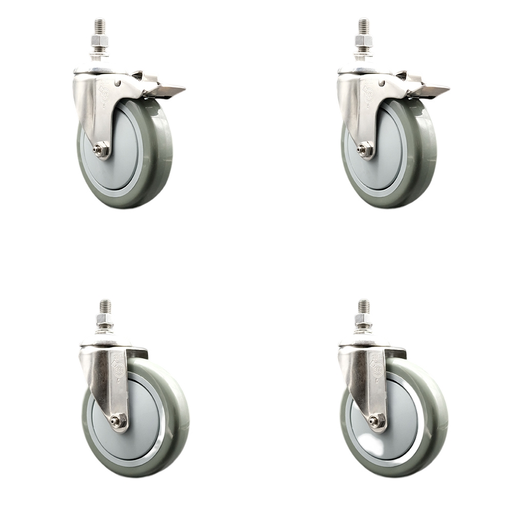 Poly Swivel Stem Caster with 5 in. Gray Caster Wheels, 12 mm Threaded Stems - 316 Stainless Steel Casters - Set of 4