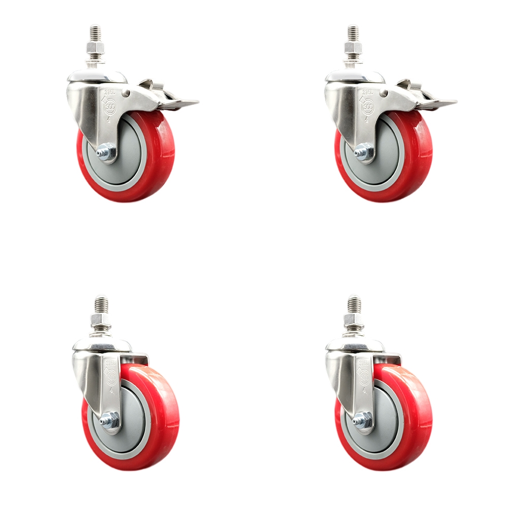 Poly Swivel Stem Caster with 4 in. Red Caster Wheels, 0.5 in. Threaded Stems - 316 Stainless Steel Casters - Set of 4