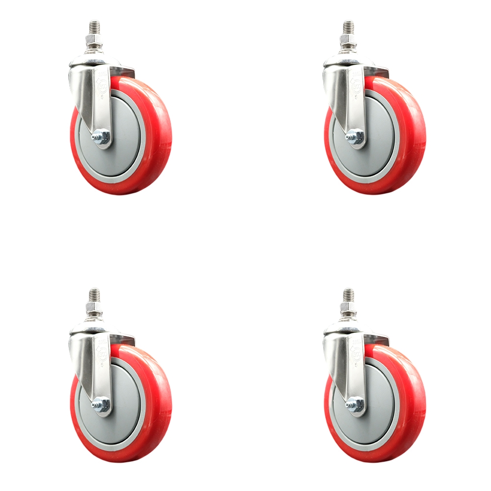 Polyurethane Swivel Stem Caster with 5 in. Red Caster Wheels, 0.5 in. Threaded Stems - 316 Stainless Steel Casters - Set of 4