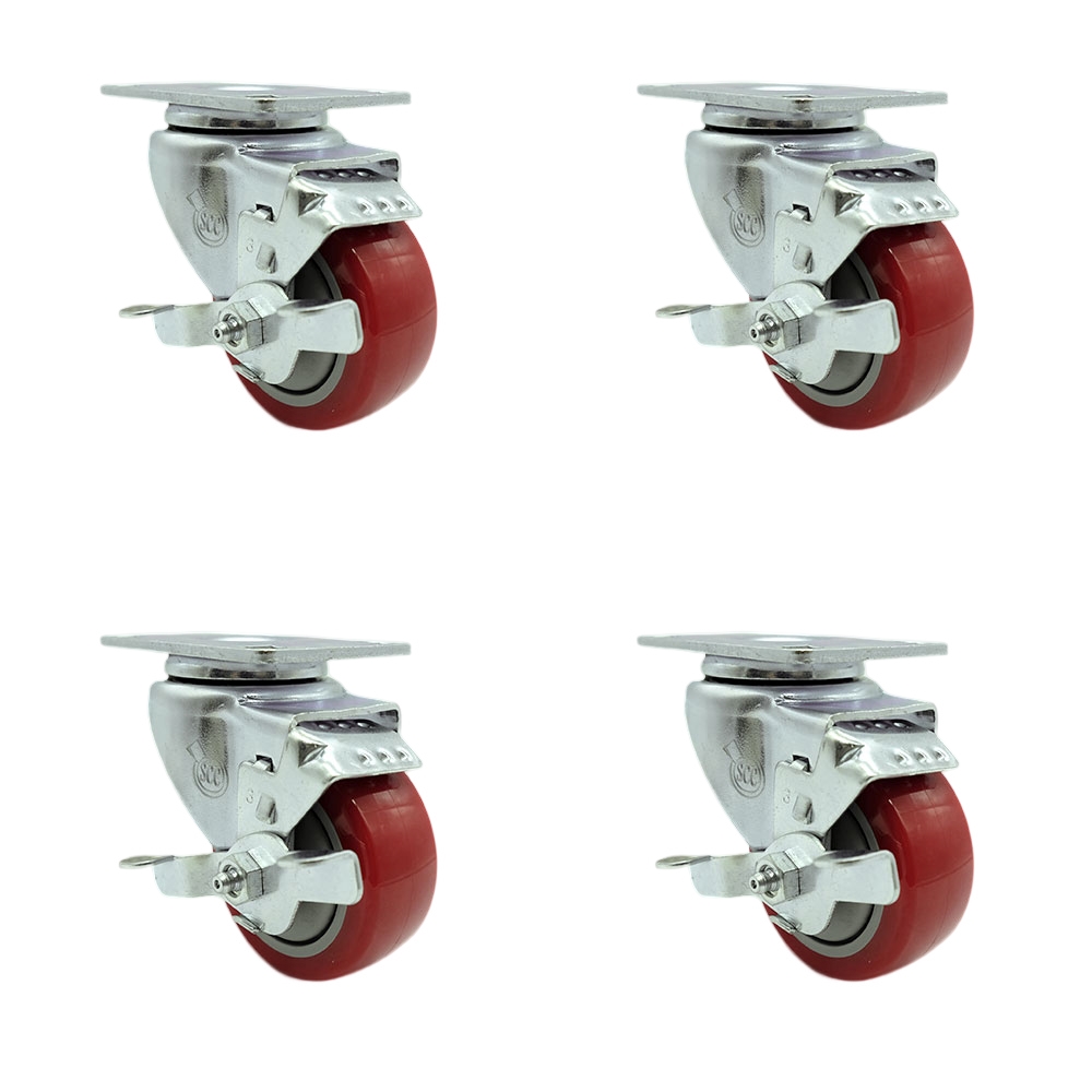 SCC-20S314-PPUB-RED-TLB-4 Polyurethane Swivel Top Plate Caster with 3 in. Red Wheels - Set of 4