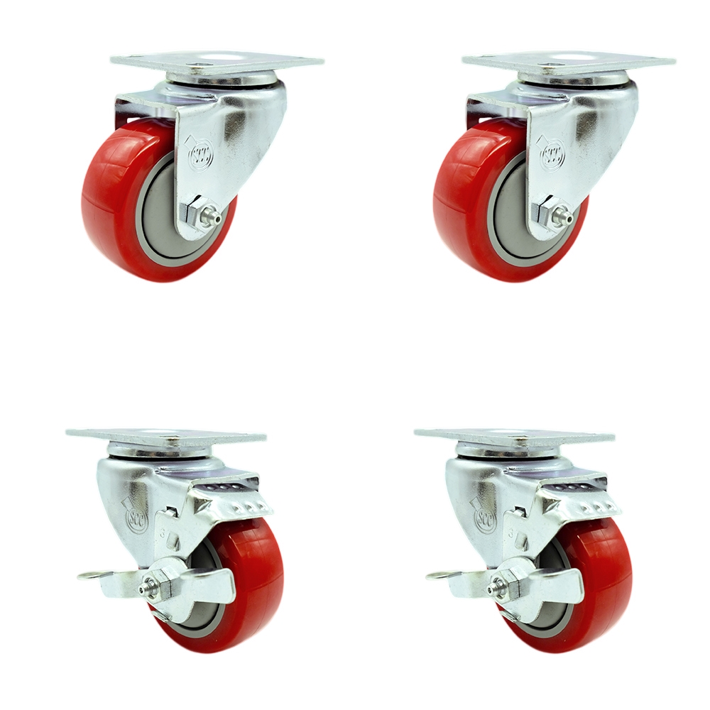 SCC-SS20S314-PPUB-RED-2-TLB-2 Stainless Steel Polyurethane Swivel Top Plate Caster with 3 x 1.25 in. Red Wheels - Set of 4