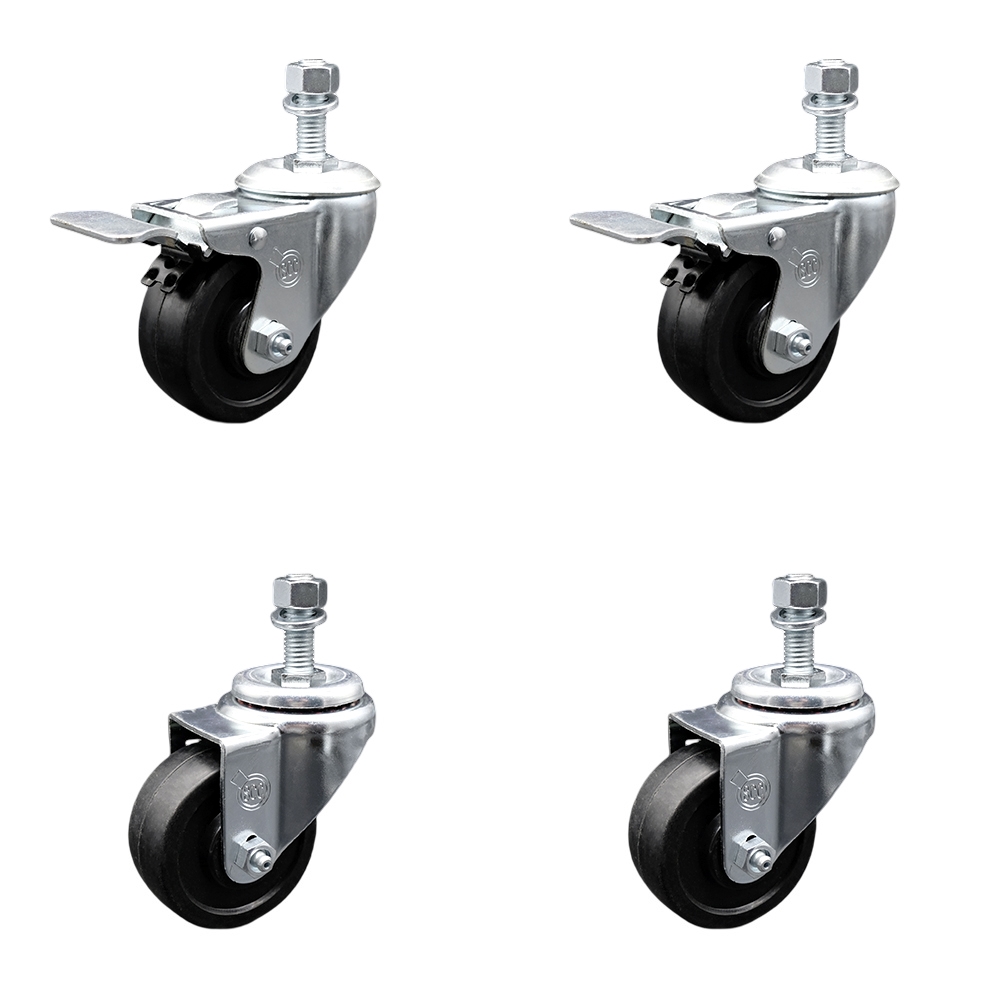 SCC-TSTTL20S3514-SRS-M1215-2-S-2 Soft Rubber Swivel Threaded Stem Caster with 3.5 x 1.25 in. Black Wheels & 12 mm Stems - Set of 4