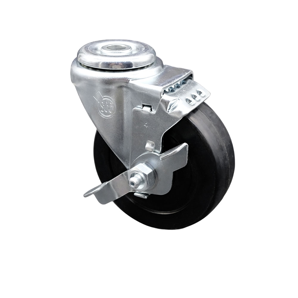 SCC-SSBH20S414-SRS-TLB Stainless Steel Soft Rubber Swivel Bolt Hole Caster with 4 x 1.25 in. Black Wheel & Top Locking Brake