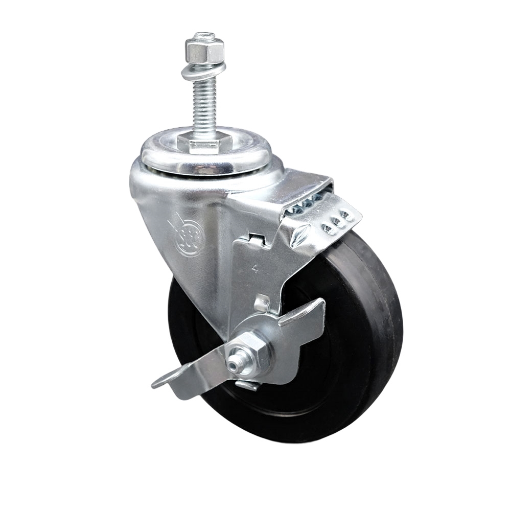 SCC-TS20S414-SRS-TLB-381615 Soft Rubber Swivel Threaded Stem Caster with 4 x 1.25 in. Black Wheel & 0.38 in. Stem & Top Locking Brake