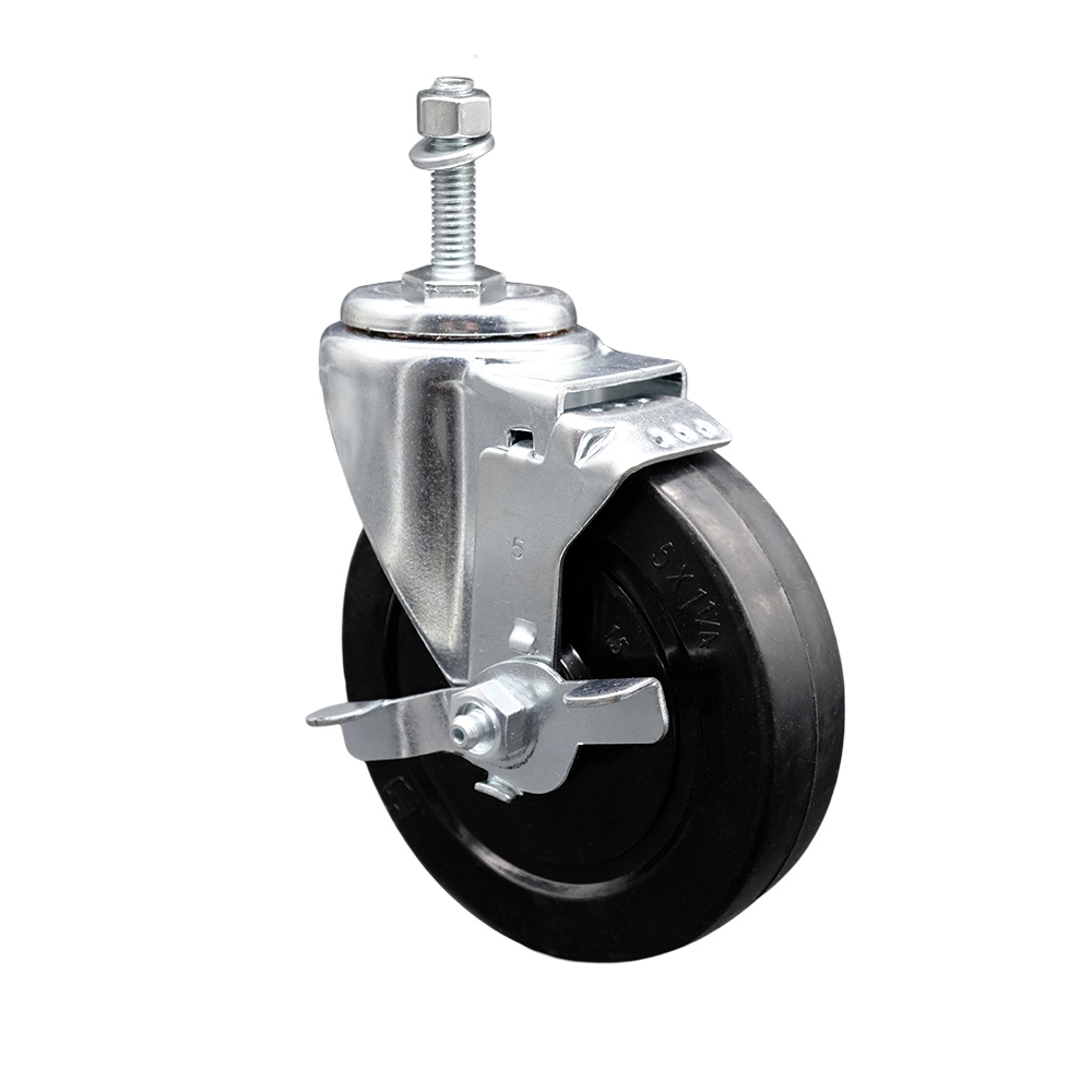 SCC-TS20S514-SRS-TLB-M1015 Soft Rubber Swivel Threaded Stem Caster with 5 x 1.25 in. Black Wheel & 10 mm Stem & Top Locking Brake