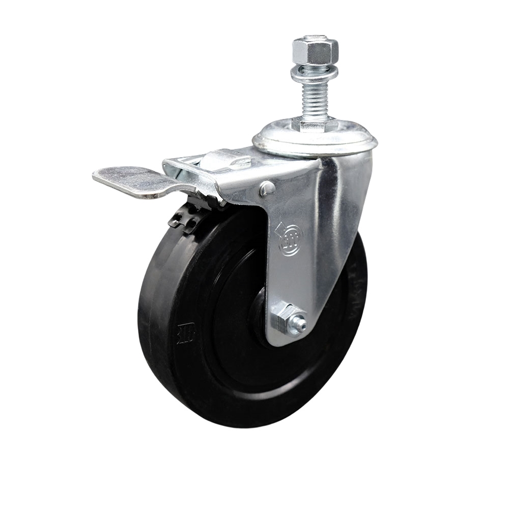 SCC-TSTTL20S514-SRS-M1215 Soft Rubber Swivel Threaded Stem Caster with 5 x 1.25 in. Black Wheel & 12 mm Stem & Total Locking Brake