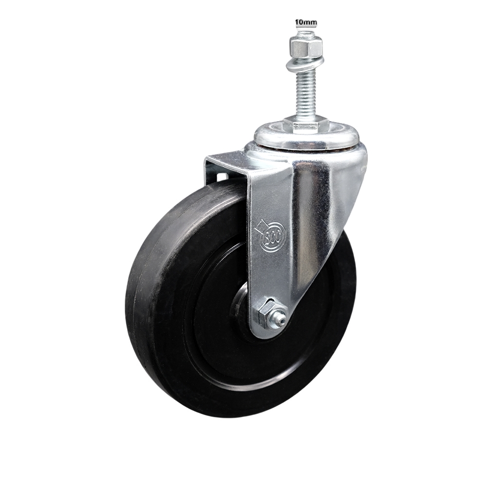 SCC-SSTS20S514-SRS-M1015 Stainless Steel Soft Rubber Swivel Threaded Stem Caster with 5 x 1.25 in. Black Wheel & 10 mm Stem