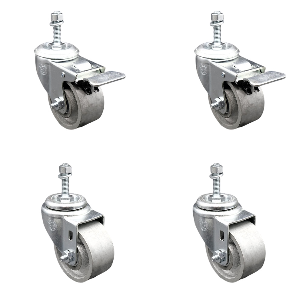 Semi Steel Cast Iron Swivel Threaded Stem Caster with Roller Bearing 3 x 1.5 in. Silver Wheels & 0.38 in. Stems - Set of 4