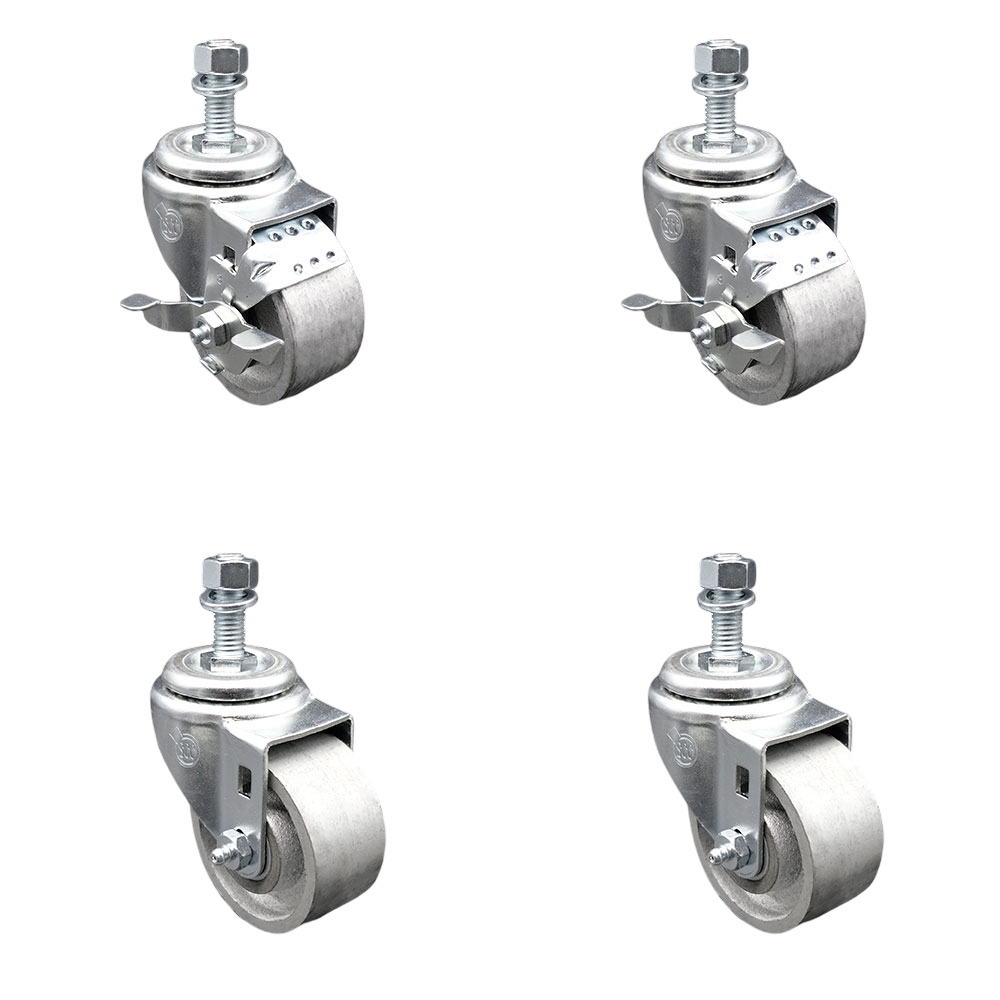 Semi Steel Cast Iron Swivel Threaded Stem Caster with Roller Bearing 3 x 1.5 in. Silver Wheels & 12 mm Stems - Set of 4