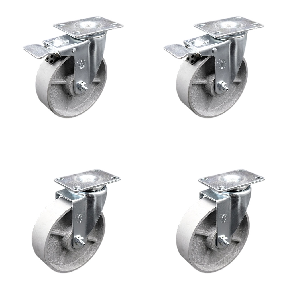 SCC-TTL20S515-SSR-2-S-2 Semi Steel Cast Iron Swivel Top Plate Caster with Roller Bearings - 5 in. Silver Wheels - Set of 4