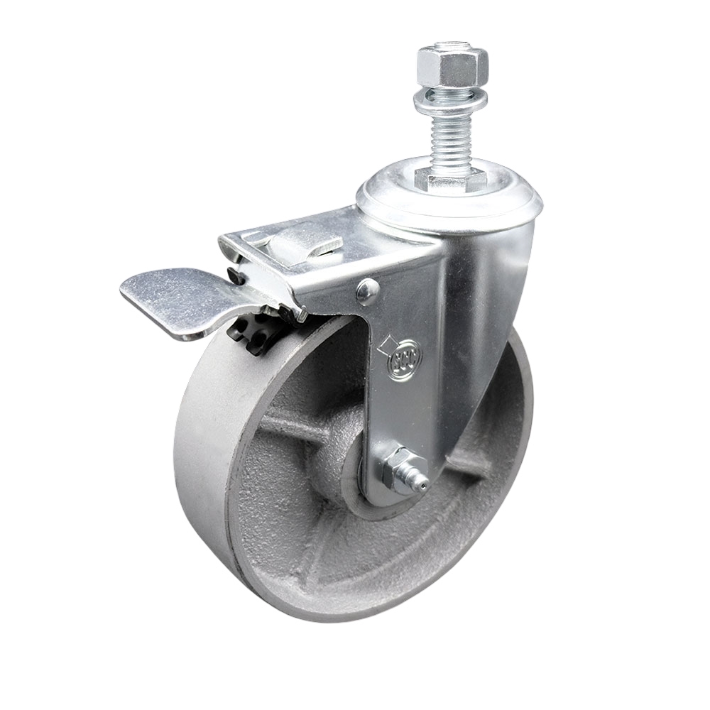 Semi Steel Cast Iron Swivel Threaded Stem Caster with Roller Bearing 5 x 1.5 in. Silver Wheel & 0.5 in. Stem & Total Locking Brake
