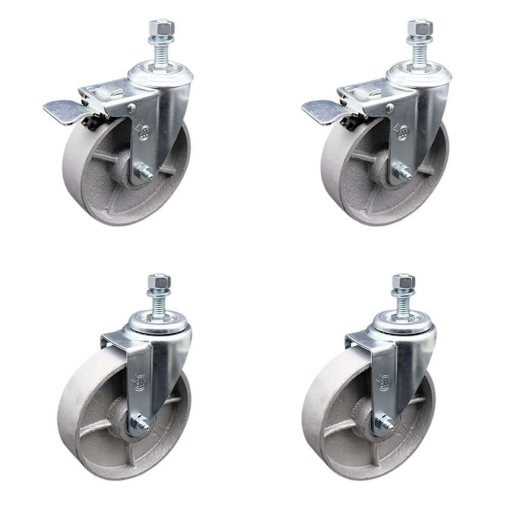 Semi Steel Cast Iron Swivel Threaded Stem Caster with Roller Bearing 5 x 1.5 in. Silver Wheels & 0.5 in. Stems - Set of 4