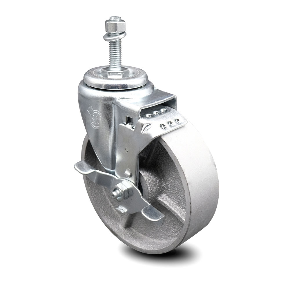 Semi Steel Cast Iron Swivel Threaded Stem Caster with Roller Bearing 5 x 1.5 in. Silver Wheel & 0.38 in. Stem & Top Locking Brake