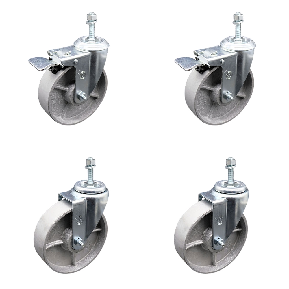 Semi Steel Cast Iron Swivel Threaded Stem Caster with Roller Bearing 5 x 1.5 in. Silver Wheels & 0.38 in. Stems - Set of 4