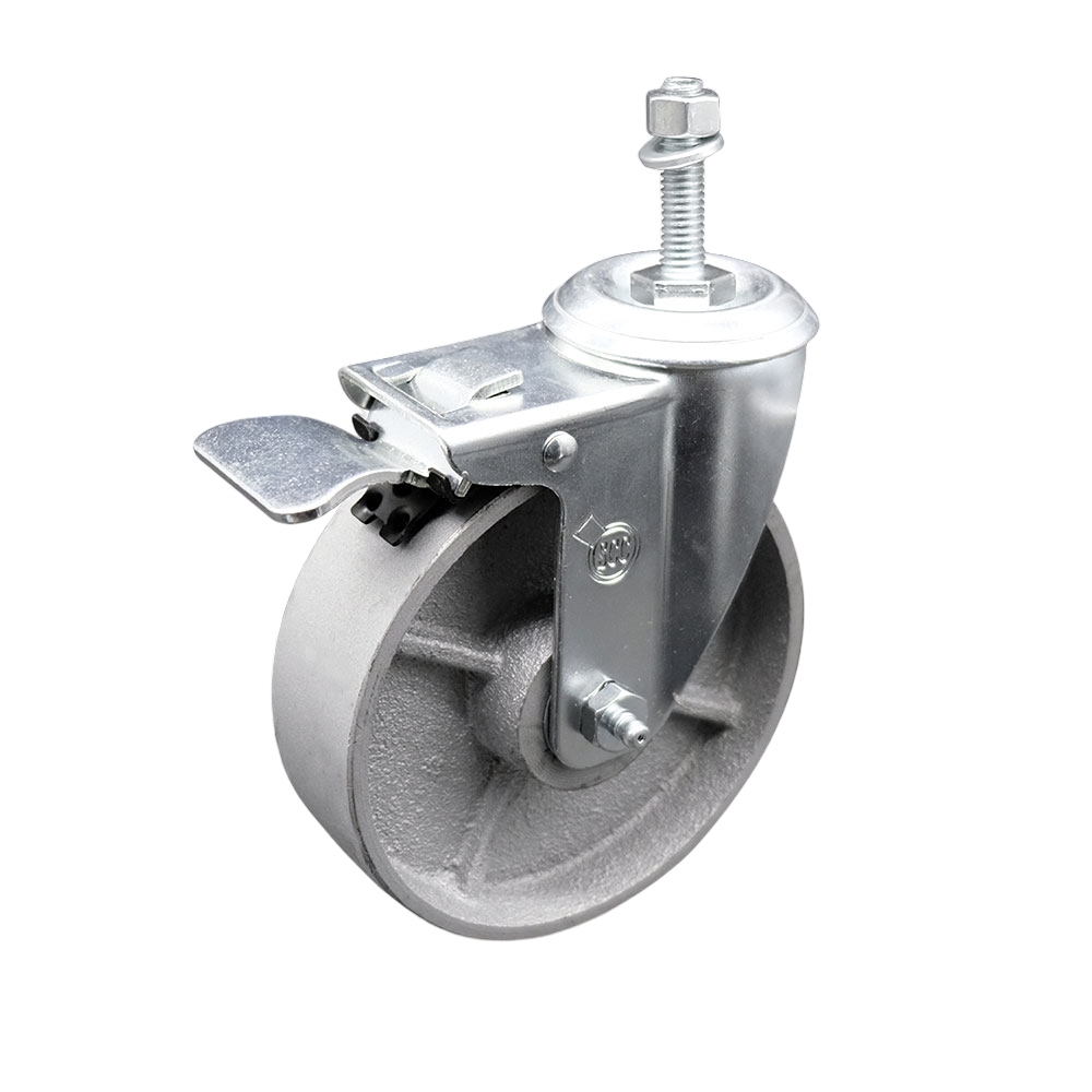 Semi Steel Cast Iron Swivel Threaded Stem Caster with Roller Bearing 5 x 1.5 in. Silver Wheel & 10 mm Stem & Total Locking Brake