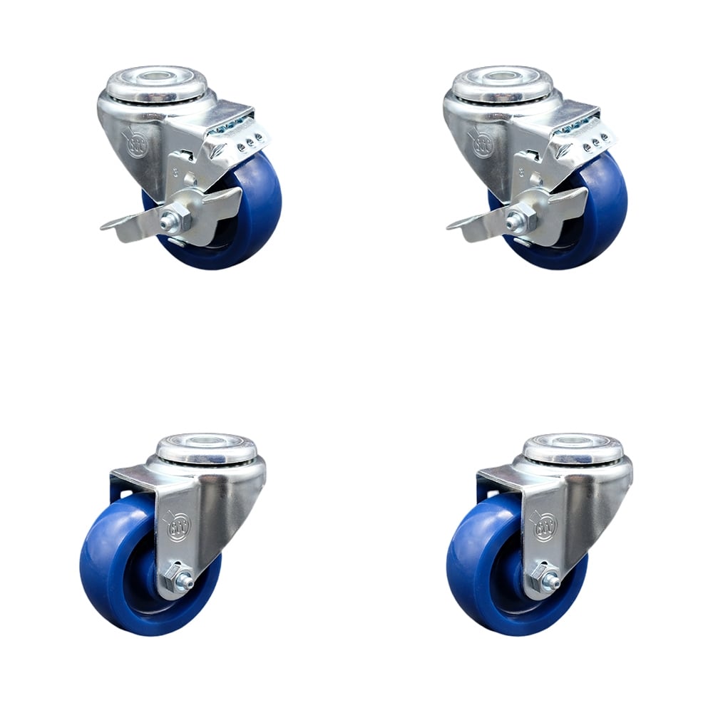 SCC-SSBH20S3514-SPUS-2-TLB-2 Stainless Steel Solid Polyurethane Swivel Bolt Hole Caster with 3.5 x 1.25 in. Blue Wheels - Set of 4