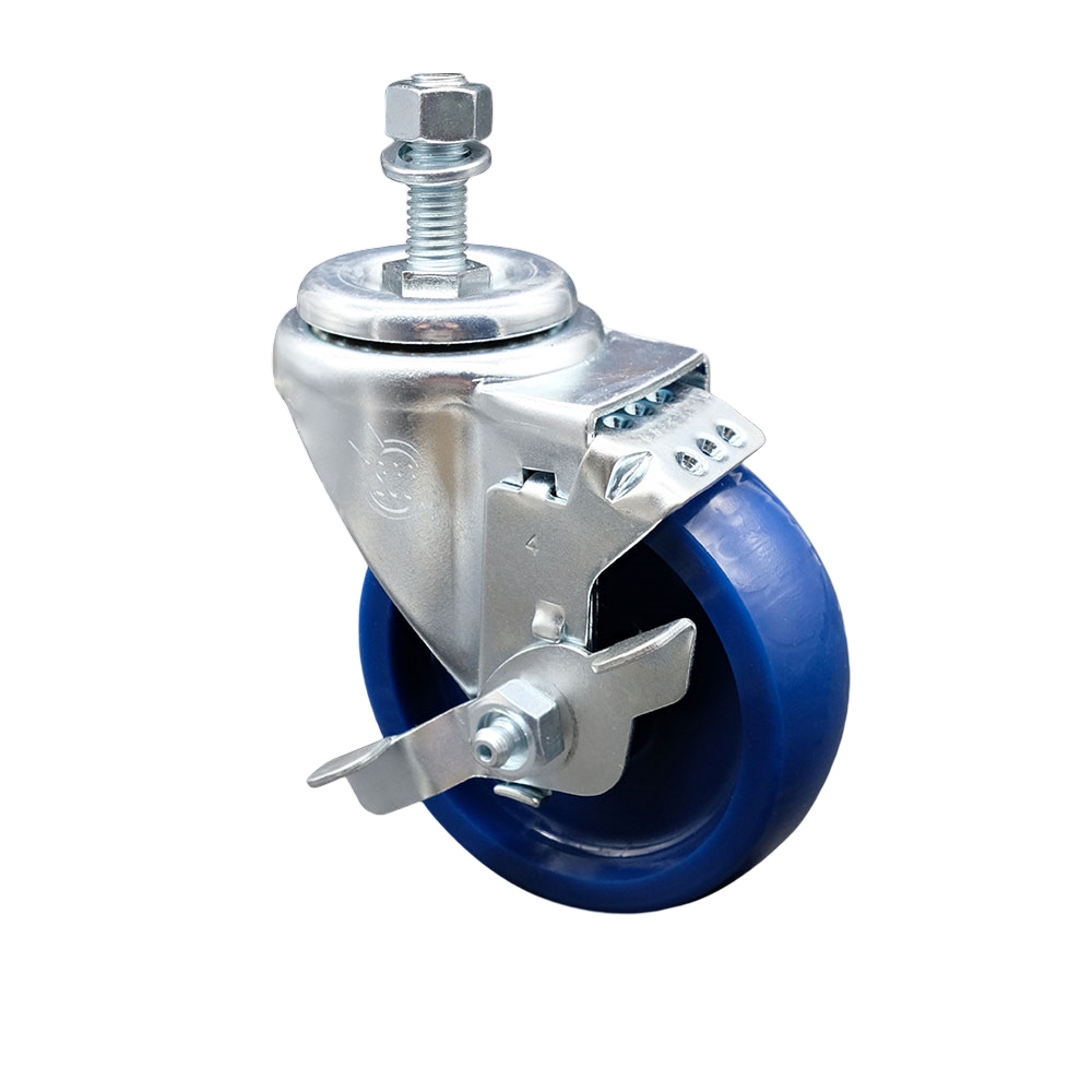 SCC-TS20S414-SPUS-TLB-121315 Solid Polyurethane Swivel Threaded Stem Caster with 4 x 1.25 in. Blue Wheel & 0.5 in. Stem & Top Locking Brake