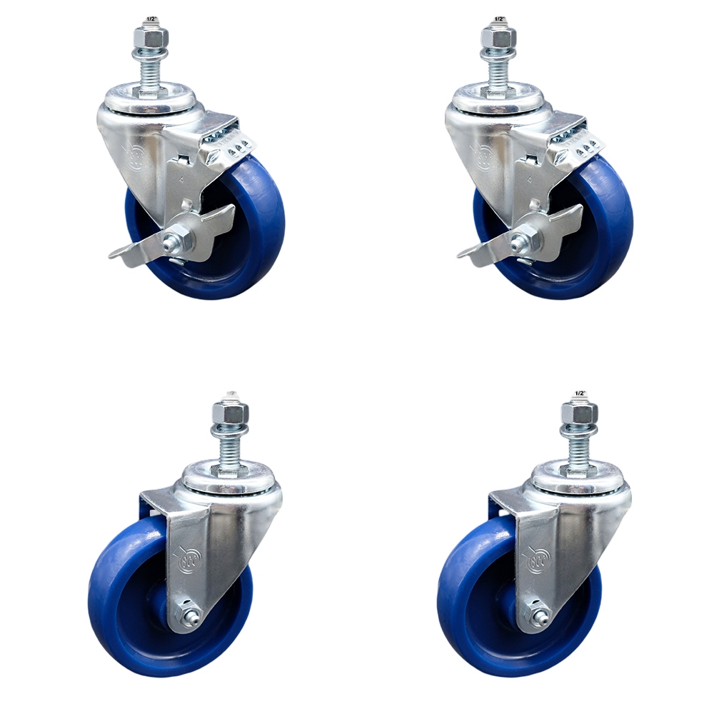 Stainless Steel Solid Polyurethane Swivel Threaded Stem Caster with 4 x 1.25 in. Blue Wheels & 0.5 in. Stems - Set of 4