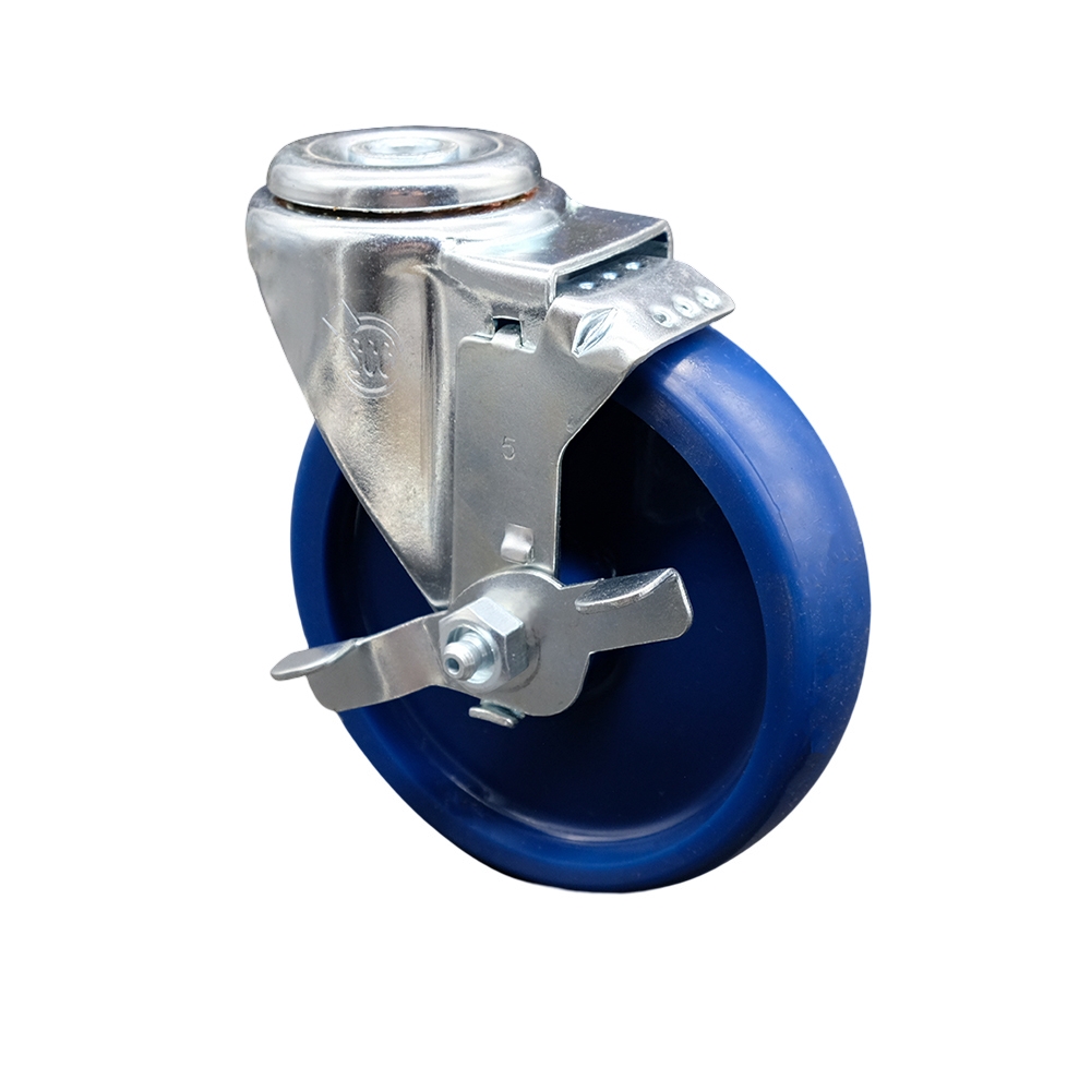 SCC-SSBH20S514-SPUS-TLB Stainless Steel Solid Polyurethane Swivel Bolt Hole Caster with 5 x 1.25 in. Blue Wheel & Top Locking Brake