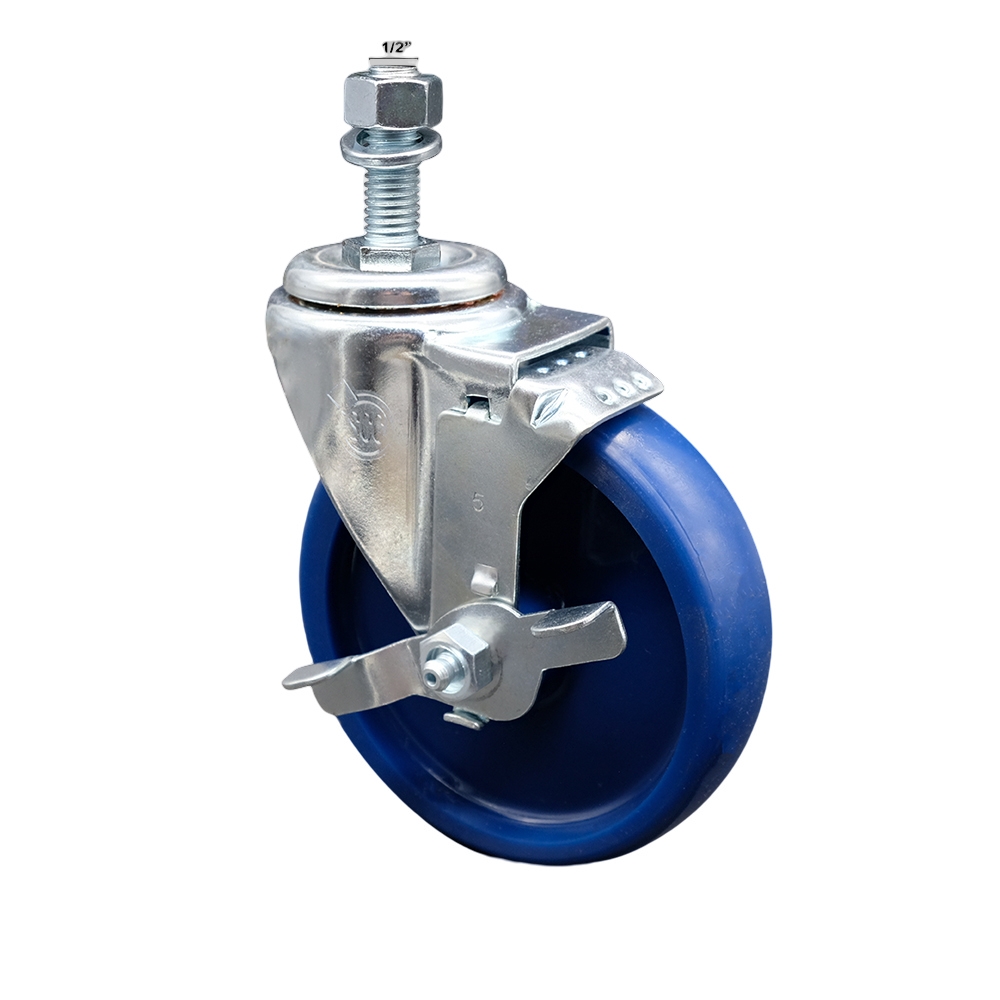 Stainless Steel Solid Polyurethane Swivel Threaded Stem Caster with 5 x 1.25 in. Blue Wheel & 0.5 in. Stem & Top Locking Brake