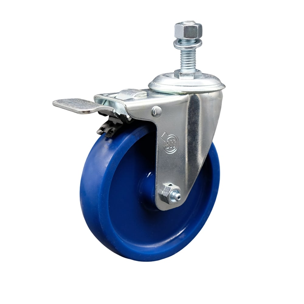 Stainless Steel Solid Polyurethane Swivel Threaded Stem Caster with 5 x 1.25 in. Blue Wheel & 12 mm Stem & Total Locking Brake