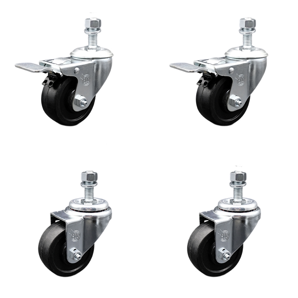 SCC-SSTSTTL20S314-SRS-M1215-2-S-2 Stainless Steel Soft Rubber Swivel Threaded Stem Caster with 3 x 1.25 in. Black Wheels & 12 mm Stems - Set of 4