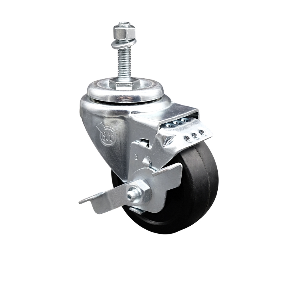 SCC-TS20S3514-SRS-TLB-M1015 Soft Rubber Swivel Threaded Stem Caster with 3.5 x 1.25 in. Black Wheel & 10 mm Stem & Top Locking Brake