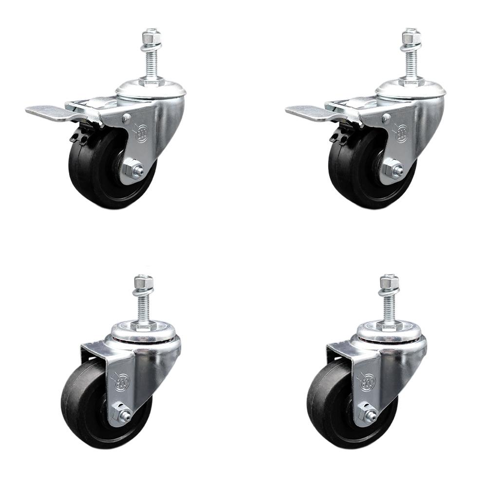 Stainless Steel Soft Rubber Swivel Threaded Stem Caster with 3.5 x 1.25 in. Black Wheels & 0.38 in. Stems - Set of 4