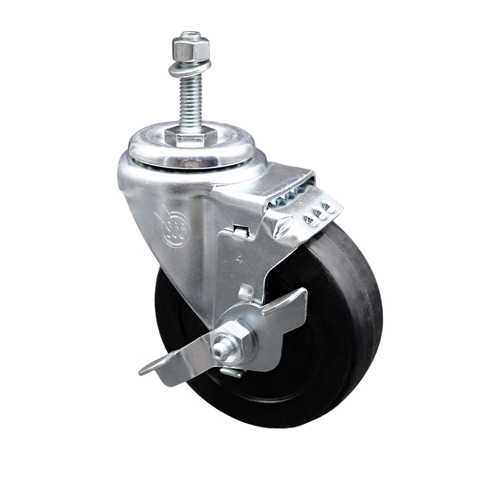 SCC-TS20S414-SRS-TLB-M1015 Soft Rubber Swivel Threaded Stem Caster with 4 x 1.25 in. Black Wheel & 10 mm Stem & Top Locking Brake