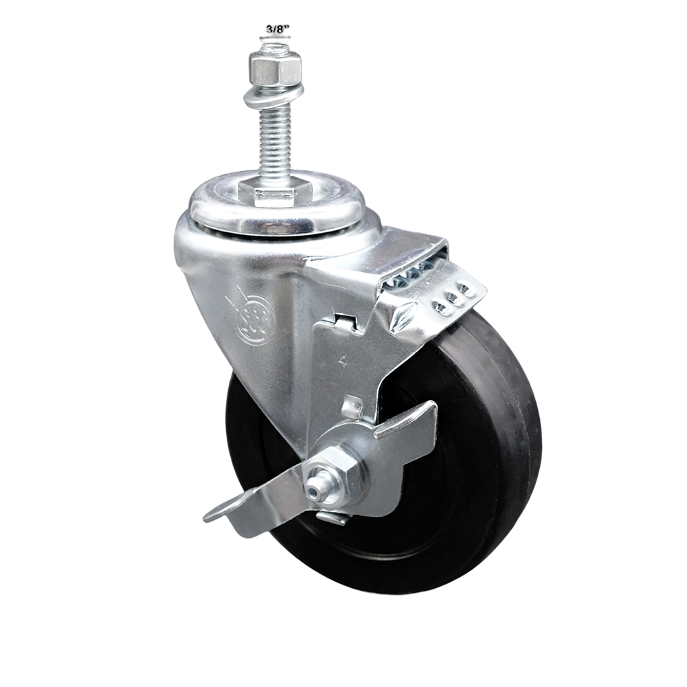 Stainless Steel Soft Rubber Swivel Threaded Stem Caster with 4 x 1.25 in. Black Wheel & 0.38 in. Stem & Top Locking Brake