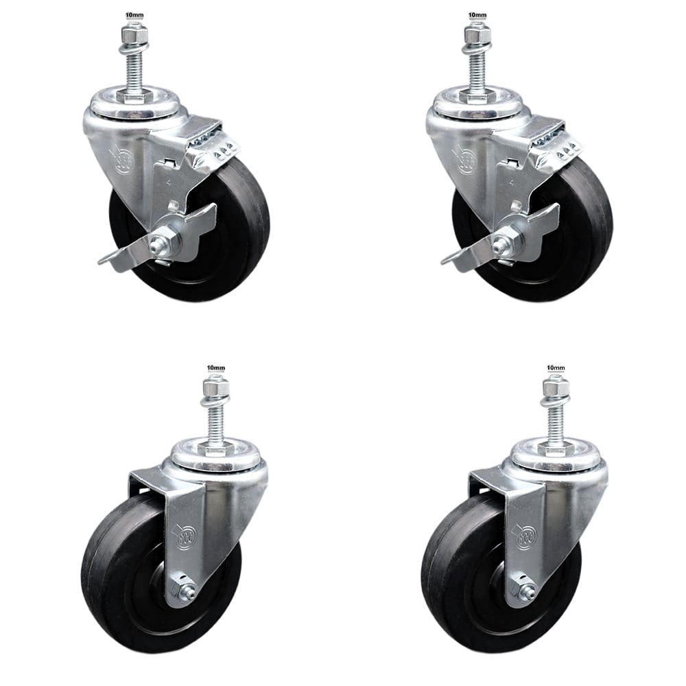 SCC-SSTS20S414-SRS-M1015-2-TLB-2 Stainless Steel Soft Rubber Swivel Threaded Stem Caster with 4 x 1.25 in. Black Wheels & 10 mm Stems - Set of 4