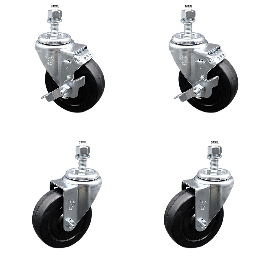 SCC-SSTS20S414-SRS-M1215-2-TLB-2 Stainless Steel Soft Rubber Swivel Threaded Stem Caster with 4 x 1.25 in. Black Wheels & 12 mm Stems - Set of 4