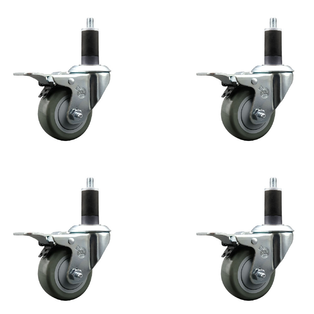 Stainless Steel Polyurethane Swivel Expanding Stem Caster with 3 in. Gray Wheels & 1.25 in. Stems 4 Swivel with Total Locking Brakes - Set of 4