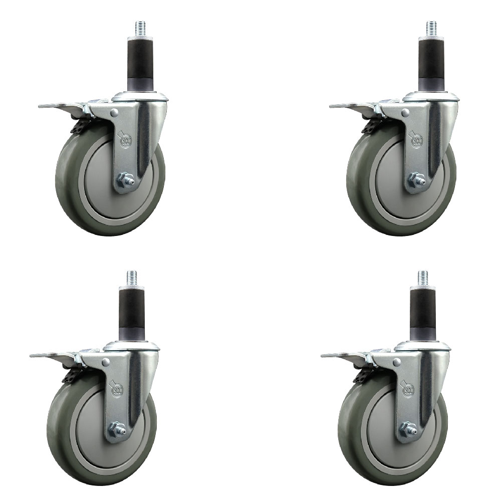Stainless Steel Polyurethane Swivel Expanding Stem Caster with 5 in. Gray Wheels & 1.25 in. Stems 4 Swivel with Total Locking Brakes - Set of 4
