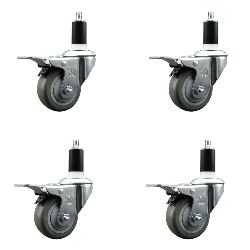 Stainless Steel Polyurethane Swivel Expanding Stem Caster with 3 in. Gray Wheels & 1.38 in. Stems 4 Swivel with Total Locking Brakes - Set of 4