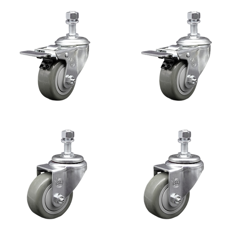 SCC-SSTSTTL20S3514-PPUB-M1215-2-S-2 Stainless Steel Polyurethane Swivel Threaded Stem Caster with 3.5 x 1.25 in. Gray Wheels & 12 mm Stems - Set of 4