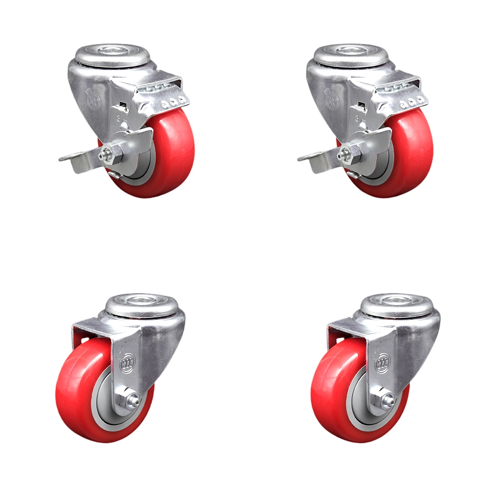SCC-BH20S3514-PPUB-RED-TLB-2-S-2 Polyurethane Swivel Bolt Hole Caster with 3.5 x 1.25 in. Red Wheels - Set of 4