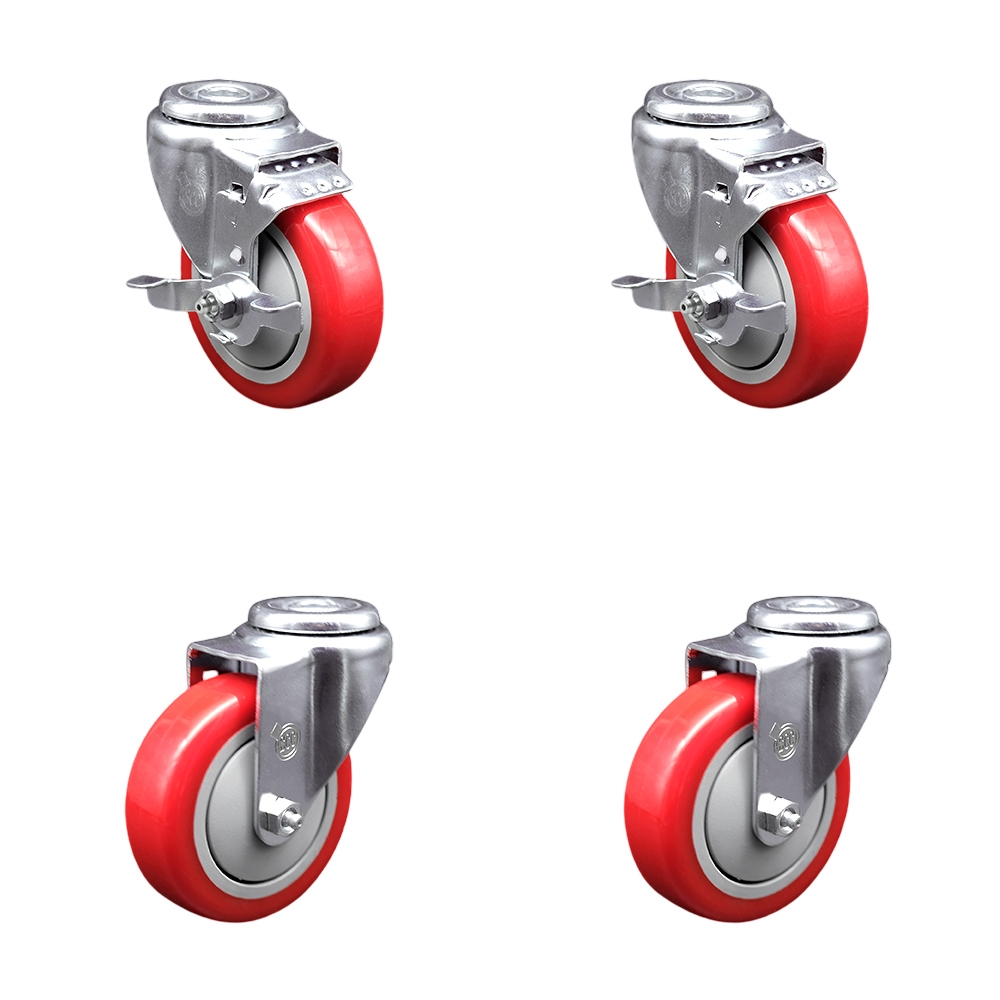 SCC-BH20S414-PPUB-RED-TLB-2-S-2 Polyurethane Swivel Bolt Hole Caster with 4 x 1.25 in. Red Wheels - Set of 4