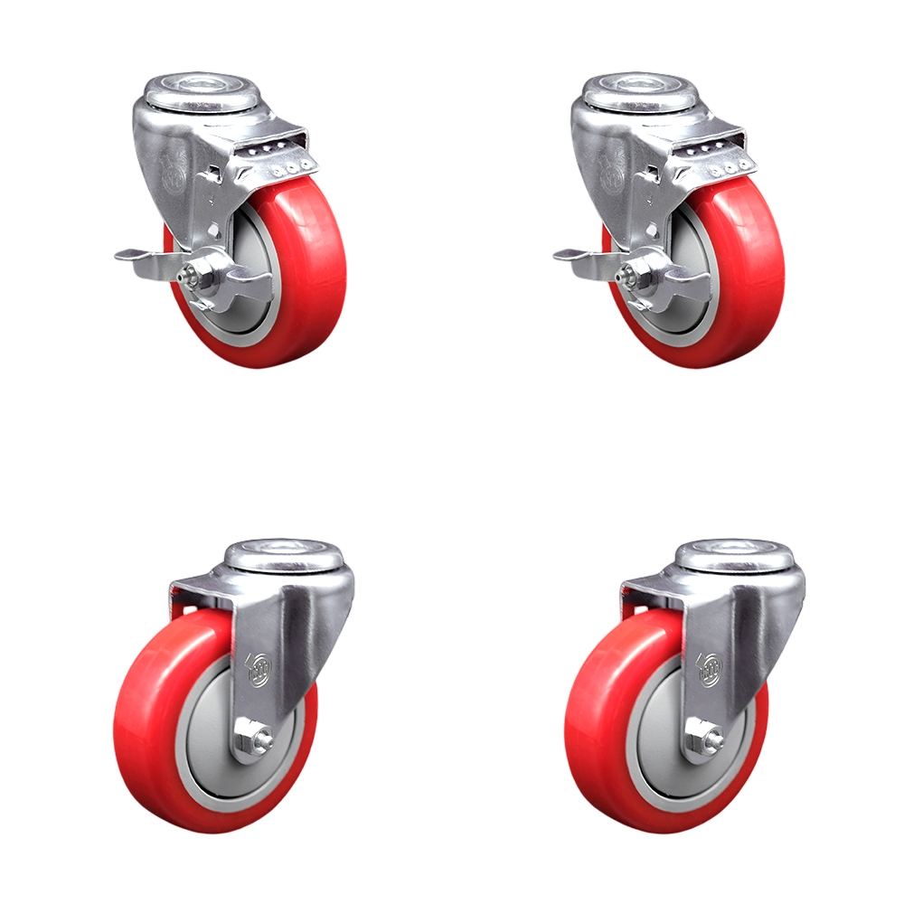 SCC-SSBH20S414-PPUB-RED-TLB-2-S-2 Stainless Steel Polyurethane Swivel Bolt Hole Caster with 4 x 1.25 in. Red Wheels - Set of 4