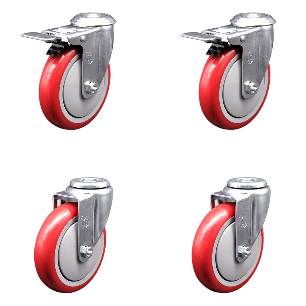 SCC-SSBHTTL20S514-PPUB-RED-2-S-2 Stainless Steel Polyurethane Swivel Bolt Hole Caster with 5 x 1.25 in. Red Wheels - Set of 4