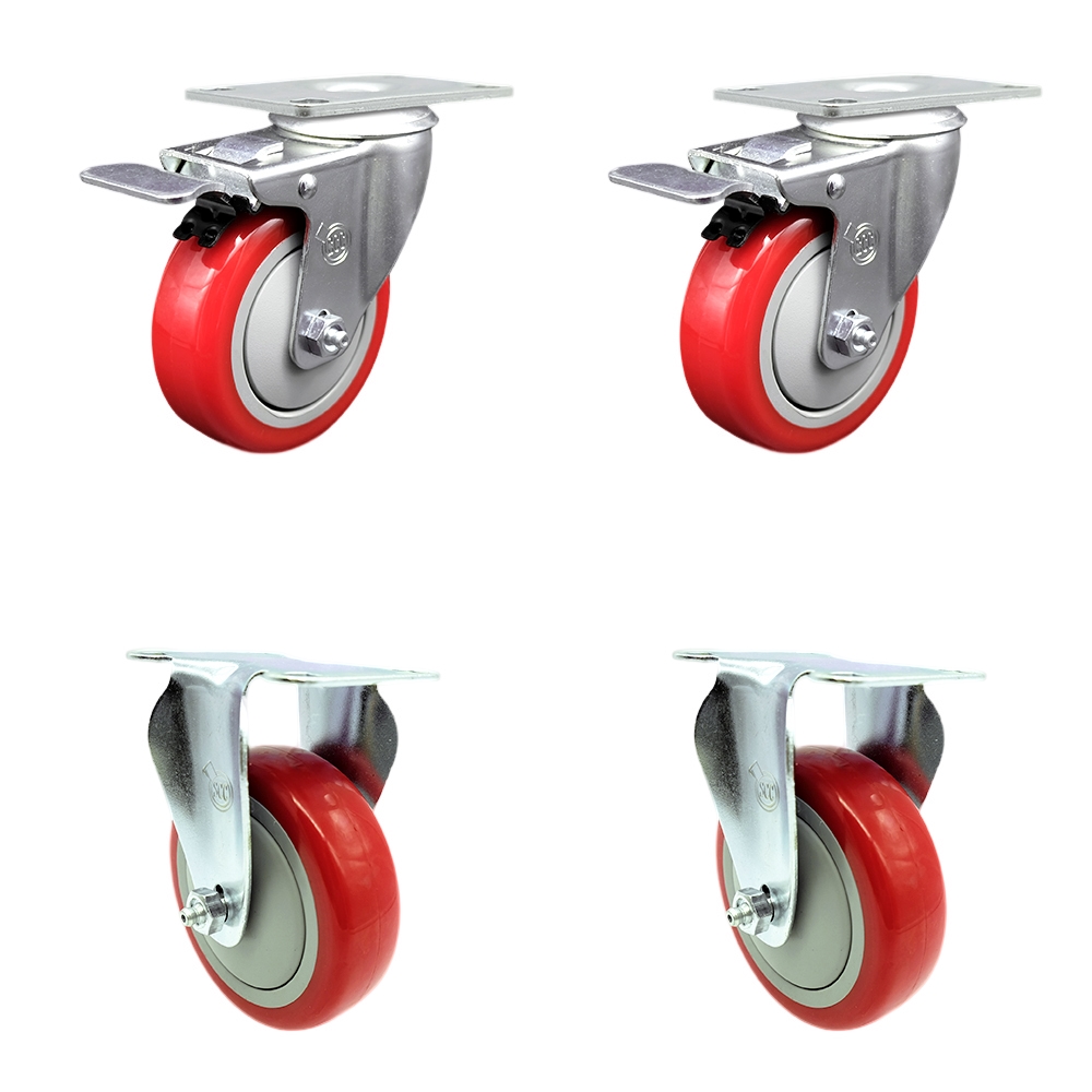 SCC-TTL20S414-PPUB-RED-2-R-2 Polyurethane Swivel Top Plate Caster with 4 in. Red Wheels - Set of 4