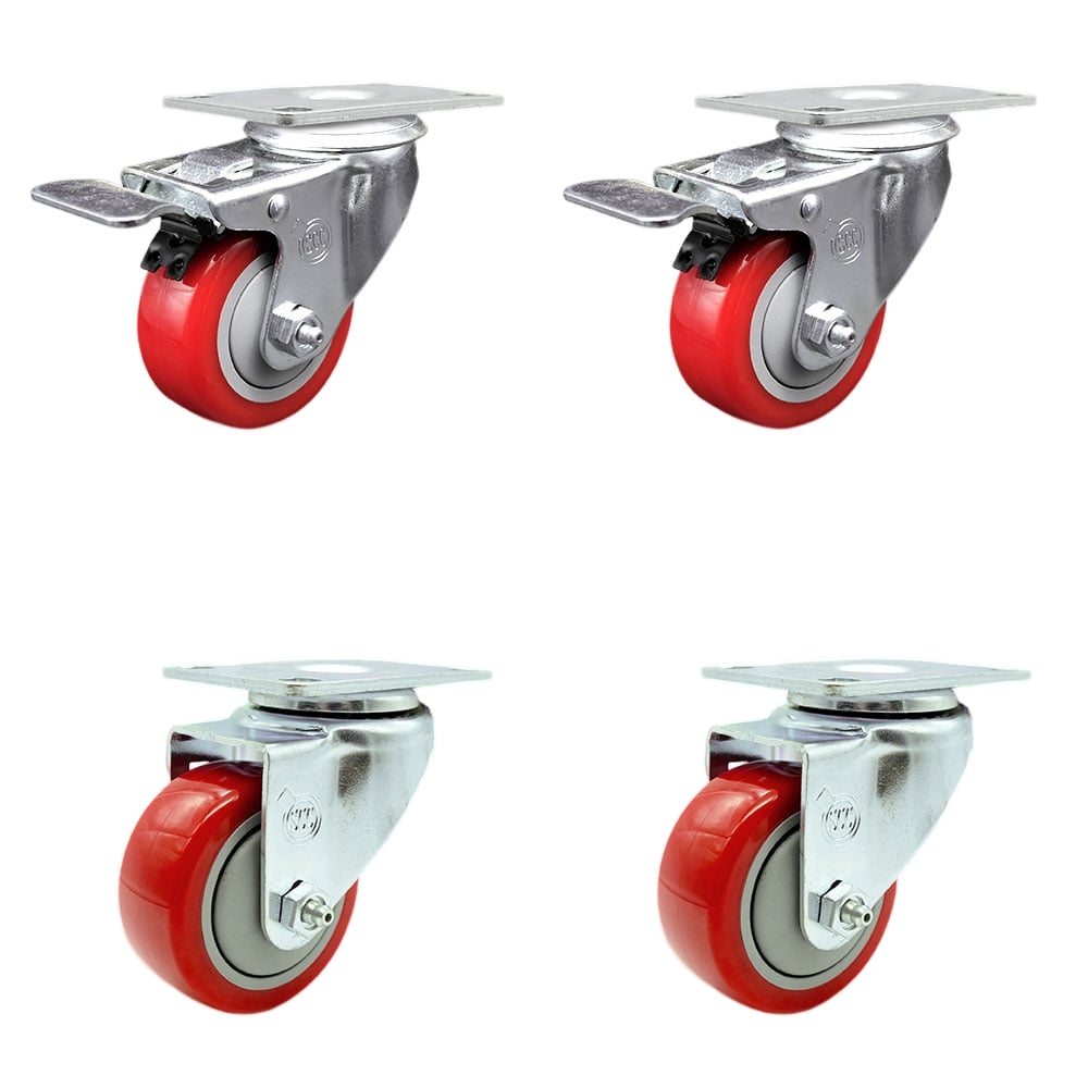 SCC-SSTTL20S314-PPUB-RED-2-S-2 Stainless Steel Polyurethane Swivel Top Plate Caster with 3 x 1.25 in. Red Wheels - Set of 4